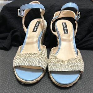 Blue and Cream Wedges with Textured Straps